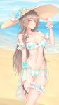  1girl absurdres arm_behind_back bangs bare_shoulders beach bikini blush breasts brown_hair chinese_commentary cleavage collarbone commentary_request earrings eyebrows_visible_through_hair hat highres honkai_(series) honkai_impact_3rd jewelry large_breasts large_hat long_hair looking_at_viewer navel ocean parted_lips pink_eyes rita_rossweisse ruo_zhishi_chu_jian solo standing sun_hat swimsuit thigh_strap water 