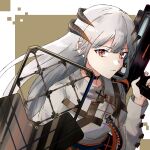 1girl arknights bangs black_choker brown_background choker closed_mouth commentary_request dragon_horns eyebrows_visible_through_hair highres holding holding_shield holding_weapon horns long_hair long_sleeves looking_at_viewer safaiya saria_(arknights) shield shirt silver_hair solo syringe_gun upper_body weapon white_background white_shirt 