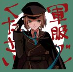  1boy bangs black_gloves brown_hair brown_jacket cape closed_mouth gloves green_background green_eyes green_neckwear gretel_(sinoalice) hair_between_eyes hat jacket long_sleeves looking_at_viewer military military_hat military_jacket military_uniform necktie portrait short_hair sinoalice smile solo towada-san_(thank39) two-tone_background uniform white_background 