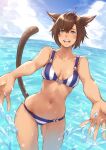  1girl ahoge animal_ears bangs bare_arms bare_legs bare_shoulders bikini bikini_bridge blue_eyes blue_sky breasts brown_hair cat_ears cat_tail cloud cloudy_sky collarbone commentary dark_skin day facial_mark fangs final_fantasy final_fantasy_xiv highres lips looking_at_viewer makimura_shunsuke medium_breasts miqo&#039;te navel ocean open_mouth outdoors partially_submerged shiny shiny_hair short_hair sky smile solo sparkle splashing stomach string_bikini striped swimsuit tail teeth thighs vertical_stripes wading water water_drop 