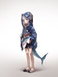  1girl a_bathing_ape animal_hood bangs blue_eyes blue_hair blue_hoodie blush camouflage_hoodie eyebrows_behind_hair fish_tail flip-flops gawr_gura grey_background highres hololive hololive_english hood hoodie ikonavi_next multicolored_hair sandals shark_girl shark_hood shark_tail silver_hair smile solo standing streaked_hair tail virtual_youtuber 