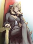  1girl black_coat black_pants black_shirt blonde_hair breasts cleavage closed_mouth coat commentary_request crossed_legs cynthia_(pokemon) elbow_rest from_below fur fur-trimmed_sleeves fur_trim grey_eyes hair_ornament hair_over_one_eye head_rest head_tilt highres keisanmisu long_hair looking_ahead medium_breasts pants pokemon pokemon_(game) pokemon_dppt scarf shirt short_hair sitting solo throne very_long_hair 