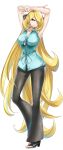  1girl absurdres arms_up blonde_hair blue_shirt breasts casul commission covered_eyes cynthia_(pokemon) full_body hair_ornament high_heels highres large_breasts long_hair pants pokemon pokemon_(anime) pokemon_bw_(anime) shirt smile solo toes white_background yellow_eyes 