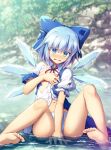  1girl angry bangs bare_legs barefoot between_legs blue_bow blue_dress blue_eyes blue_hair blush bow chima_q cirno commentary covering covering_breasts day dress feet flat_chest hair_between_eyes hair_bow hand_between_legs highres ice ice_wings looking_at_viewer navel no_pants outdoors panties pinafore_dress puffy_short_sleeves puffy_sleeves shirt short_hair short_sleeves sitting soles solo tearing_up toes torn_clothes torn_dress torn_shirt touhou underwear water white_panties white_shirt wings 
