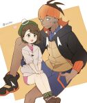  1boy 1girl :d bangs black_hoodie blush bob_cut boots brown_eyes brown_footwear brown_hair buttons cardigan collared_dress collared_shirt commentary_request dark-skinned_male dark_skin dress earrings gloria_(pokemon) gloves green_headwear green_legwear grey_cardigan gym_leader hand_in_pocket hat heart hood hoodie jewelry knees nikki_(ninciav) open_mouth orange_headwear pink_dress plaid plaid_legwear pokemon pokemon_(game) pokemon_swsh raihan_(pokemon) shirt short_hair single_glove smile socks tam_o&#039;_shanter tongue undercut 