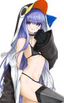  1girl :q bangs bare_shoulders bikini black_bikini blue_choker blue_eyes blue_hair chaesu choker commentary english_commentary eyebrows_visible_through_hair fate/grand_order fate_(series) hand_up highres hood long_hair looking_at_viewer meltryllis_(fate) navel off_shoulder simple_background smile solo stomach swimsuit thighhighs thighs tongue tongue_out very_long_hair white_background 