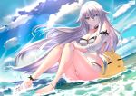  1girl ankle_strap anklet azur_lane bare_legs barefoot bead_anklet bikini black_choker blue_eyes blue_sky blush breasts choker cleavage closed_mouth cloud cloudy_sky commentary day detached_sleeves eyebrows_visible_through_hair eyelashes floating_hair frown full_body hair_between_eyes hands_on_own_knee hands_together highres jewelry legs lens_flare long_hair looking_at_viewer manjuu_(azur_lane) medium_breasts navel ocean outdoors silver_hair sitting sky solo sovetsky_soyuz_(azur_lane) stomach swimsuit tks_(526tks) tsurime water white_bikini wind 