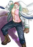  1boy abs bare_pectorals boots bulge charlotte_katakuri chest_tattoo coat coat_on_shoulders cosplay denim epaulettes fangs holding holding_polearm holding_weapon jeans knee_boots kokorozashi large_pectorals looking_at_viewer male_focus muscular muscular_male navel no_nipples one_piece open_clothes open_coat pants pectorals polearm short_hair smoker_(one_piece) smoker_(one_piece)_(cosplay) solo stitches stomach tattoo weapon wind 
