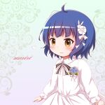  1girl ahoge bangs blue_hair blush bow brown_eyes bunny_hair_ornament closed_mouth collared_dress commentary_request dated dress eyebrows_visible_through_hair fang fang_out flower gochuumon_wa_usagi_desu_ka? goth_risuto hair_bow hair_flower hair_ornament heart jouga_maya long_sleeves puffy_long_sleeves puffy_sleeves sleeves_past_wrists smile solo white_bow white_dress white_flower 