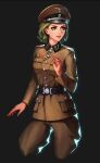  1girl absurdres alvin_ding armored_cavalry:_metalline bangs belt black_belt breasts brown_jacket brown_pants commentary_request cowboy_shot cropped_legs english_commentary green_eyes green_hair hand_up hat highres iron_cross jacket long_sleeves looking_to_the_side medium_breasts military military_hat military_uniform nazi pants peaked_cap reichsadler short_hair simple_background smile solo totenkopf uniform 