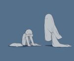  1boy 1other absurdres avogado6 barefoot blue_background blue_theme commentary crying ghost highres holding_blanket monochrome original shirt short_sleeves shorts simple_background sitting tears 