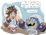  2boys alfonzoirl angel_wings armor blue_eyes blush bracer brown_hair candy coffee_mug cup feathered_wings food gauntlets gloves glowing glowing_eyes green_eyes holding holding_food jelly_bean jewelry kid_icarus kirby_(series) male_focus mask meta_knight mug multiple_boys open_mouth pit_(kid_icarus) short_hair shoulder_pads simple_background smile super_smash_bros. threat tiara wings yellow_eyes 