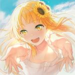  1girl :d absurdres bang_dream! bangs blonde_hair blush breasts character_name cloud dated day dress english_text eyebrows_visible_through_hair flower frilled_straps hair_flower hair_ornament happy_birthday head_tilt highres long_hair looking_at_viewer medium_breasts nobusawa_osamu open_mouth outdoors outstretched_arms sidelocks sky sleeveless sleeveless_dress smile solo sundress sunflower sunflower_hair_ornament tsurumaki_kokoro upper_body white_dress yellow_eyes 