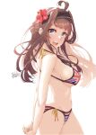  1girl ahoge alakoala artist_name bare_arms bare_legs bare_shoulders bikini breasts brown_hair cowboy_shot dated double_bun flag_print flower from_side groin hair_flower hair_ornament halterneck highres kantai_collection kongou_(kancolle) large_breasts long_hair looking_at_viewer navel open_mouth print_bikini purple_eyes red_flower side-tie_bikini signature simple_background solo stomach string_bikini swimsuit union_jack union_jack_bikini upper_teeth white_background 