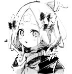  1girl abigail_williams_(fate) bangs blush bow double_v fate/grand_order fate_(series) greyscale hair_bow hair_bun hands_up heart heroic_spirit_traveling_outfit highres jacket long_sleeves looking_at_viewer monochrome multiple_hair_bows parted_bangs parted_lips signature simple_background sleeves_past_wrists sofra solo twitter_username upper_body upper_teeth v white_background 