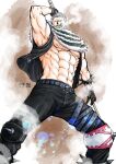  1boy abs alternate_costume alternate_facial_hair bara bare_pectorals beard black_pants bulge charlotte_katakuri charlotte_katakuri_(cosplay) cigar cosplay denim facial_hair feet_out_of_frame from_below gloves holding holding_weapon jeans knee_spikes kokorozashi male_focus mature_male muscular muscular_male navel nipples one_piece open_clothes over_shoulder pants pectorals short_hair sideburns sleeveless smoker_(one_piece) smoking solo stomach stubble thighs vest weapon weapon_over_shoulder weapon_request white_hair 