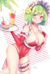  1girl arm_up bangs blush bow bra breasts choker cleavage closed_mouth cocktail cocktail_glass coconut cup dress drink drinking_glass eyebrows_visible_through_hair flower food fruit glass gloves green_hair hair_flower hair_ornament hairband hands_up heart highres holding kazami_yuuka konnyaku_(yuukachan_51) large_breasts lemon looking_to_the_side pink_background pink_bow pink_eyes pink_flower pink_heart playboy_bunny red_bow red_bra red_choker red_dress red_flower red_gloves red_hairband red_neckwear seiza shadow short_hair sitting smile solo striped striped_background touhou tray underwear white_background yellow_flower 