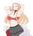  1girl abs alternate_muscle_size armpits arms_behind_head blonde_hair bracelet breasts closed_mouth forehead green_eyes hanzo_(2929) jewelry large_breasts long_hair midriff muscular muscular_female navel oleana_(pokemon) pantyhose pokemon pokemon_(game) pokemon_swsh simple_background solo tsurime undressing white_background 