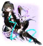  1boy bangs black_footwear book boots brown_hair cage chain closed_mouth crossdressing floating full_body green_eyes gretel_(sinoalice) hair_between_eyes hansel_(sinoalice) highres long_sleeves looking_at_viewer male_focus otoko_no_ko short_hair simple_background sinoalice smile solo thigh_boots thighhighs towada-san_(thank39) white_background 