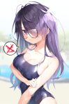  1girl arm_under_breasts bangs bare_shoulders blue_swimsuit blurry blurry_background blush breasts check_commentary chihiro_(khorosho) closed_mouth collarbone commentary_request competition_school_swimsuit crossed_out eyebrows_visible_through_hair eyes_visible_through_hair flying_sweatdrops glasses hair_over_one_eye holding_own_arm large_breasts long_hair looking_at_viewer one-piece_swimsuit original pool purple_eyes purple_hair school_swimsuit semi-rimless_eyewear shiny_swimsuit solo speech_bubble spoken_clothes standing swimsuit upper_body wet wet_clothes wet_swimsuit 