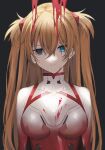  1girl ambiguous_red_liquid blue_eyes blurry bodysuit breasts closed_mouth commentary dripping evangelion:_3.0+1.0_thrice_upon_a_time fusion grey_background hair_between_eyes hair_ornament heterochromia highres hirakana light_brown_hair long_hair looking_at_viewer medium_breasts multicolored multicolored_bodysuit multicolored_clothes neon_genesis_evangelion pilot_suit plugsuit rebuild_of_evangelion red_bodysuit simple_background skin_tight solo souryuu_asuka_langley split_mouth straight-on two_side_up upper_body white_bodysuit 