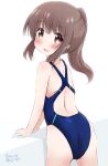  1girl ass backless_swimsuit blue_swimsuit brown_eyes brown_hair commentary_request competition_swimsuit cowboy_shot from_behind long_hair one-piece_swimsuit original ponytail purapechinu simple_background solo swimsuit white_background 