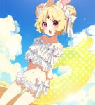  1girl aldin_nicola animal_ear_fluff animal_ears arms_behind_back bangs bare_shoulders bikini blonde_hair blue_sky blush bow cloud collarbone commentary_request day double_bun dutch_angle eyebrows_visible_through_hair forehead_jewel hair_bow highres indie_virtual_youtuber innertube looking_at_viewer mamyouda navel off-shoulder_bikini off_shoulder open_mouth outdoors puffy_short_sleeves puffy_sleeves purple_eyes short_eyebrows short_hair short_sleeves sky solo standing swimsuit thick_eyebrows v-shaped_eyebrows virtual_youtuber white_bikini white_bow 