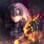  1girl ahoge armor armored_dress ashes black_armor black_cape black_dress black_gloves breasts cape chain commentary_request dress embers eyebrows_visible_through_hair fang fate/grand_order fate_(series) fire gauntlets gloves headgear jeanne_d&#039;arc_(alter)_(fate) jeanne_d&#039;arc_(fate)_(all) looking_at_viewer magic medium_breasts migiha pale_skin short_hair sidelocks smile solo teeth upper_body white_hair yellow_eyes 