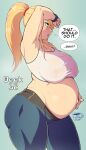  1girl aqua_eyes armpits big_belly blonde_hair blue_pants blush breasts coffeeslice covered_nipples english_text from_side hand_on_own_stomach highres huge_breasts long_hair metroid muscular muscular_female pants ponytail pregnant samus_aran see-through sideways_mouth solo speech_bubble sports_bra standing sweat thick_thighs thighs wet wet_clothes white_sports_bra wiping_forehead wiping_sweat yoga_pants 
