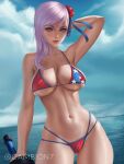  1girl american_flag_bikini arm_behind_head arm_up ass_visible_through_thighs bangs bikini blue_eyes breasts camb cleavage fate/grand_order fate_(series) flag_print hair_bun hair_ornament hair_ribbon highres holding holding_weapon large_breasts legs_apart lips lipstick makeup miyamoto_musashi_(fate) miyamoto_musashi_(swimsuit_berserker)_(fate) navel purple_hair red_lips ribbon solo swimsuit sword thick_thighs thigh_gap thighs underboob undersized_clothes weapon 