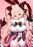  1girl animal_ear_fluff animal_ears bangs black_bow black_gloves bow breasts cloak coattails collared_shirt corset dress_shirt fate/grand_order fate_(series) fox_shadow_puppet fox_tail fur_collar glasses gloves hair_between_eyes hair_bow highres koyanskaya_(fate) large_breasts long_hair long_sleeves looking_at_viewer open_mouth pantyhose pink_hair rabbit_ears rahato shirt sidelocks smile solo tail tamamo_(fate) thighs twintails underbust white_cloak white_legwear white_shirt yellow_eyes 