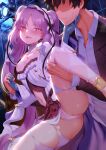  1boy 1girl backlighting bangs bare_shoulders black_hair black_jacket blush breasts breasts_outside collarbone dress dress_shirt euryale_(fate) fate/grand_order fate/hollow_ataraxia fate_(series) frilled_hairband frills fujimaru_ritsuka_(male) gloves grey_gloves hairband highres jacket leg_lift long_hair looking_at_viewer lostroom_outfit_(fate) m-da_s-tarou nipples open_mouth panties parted_bangs purple_eyes purple_hair shirt short_hair sidelocks slit_pupils small_breasts smile spread_legs twintails underwear very_long_hair white_dress white_panties white_shirt 