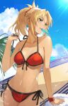  1girl absurdres arm_support bare_shoulders bikini blue_eyes blue_sky breasts cleavage cloud fate/grand_order fate_(series) fern food food_in_mouth front-tie_bikini front-tie_top halterneck high_ponytail highres hoshi_rasuku medium_breasts mordred_(fate) mordred_(swimsuit_rider)_(fate) navel popsicle prydwen_(fate) red_bikini red_scrunchie scrunchie side-tie_bikini sky solo string_bikini surfboard swimsuit wrist_scrunchie 