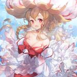  +_+ 1girl :d bangs blush braid breasts brown_hair charybdis_(granblue_fantasy) cleavage collarbone commentary_request eyebrows_visible_through_hair facial_mark gloves granblue_fantasy hair_between_eyes jellyfish_girl long_hair looking_at_viewer medium_breasts open_mouth red_eyes red_gloves see-through shinia smile solo steepled_fingers underwater water white_headwear 