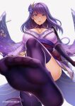  1girl armor bangs braid breasts cleavage coattails commentary english_commentary feet fino_ko flower foot_focus genshin_impact hair_ornament japanese_clothes kimono large_breasts long_hair long_sleeves looking_at_viewer mole mole_under_eye no_shoes obi obiage open_mouth purple_eyes purple_flower purple_hair purple_legwear raiden_(genshin_impact) ribbon sash shoulder_armor simple_background solo thighhighs white_background wide_sleeves 