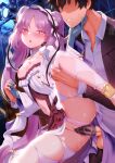  1boy 1girl bangs bare_shoulders black_hair black_jacket blush breasts breasts_outside clenched_teeth clothed_sex collarbone condom condom_on_penis dress dress_shirt euryale_(fate) fate/grand_order fate/hollow_ataraxia fate_(series) frilled_hairband frills fujimaru_ritsuka_(male) gloves grey_gloves hairband hetero highres jacket leg_lift long_hair looking_at_viewer lostroom_outfit_(fate) m-da_s-tarou nipples open_mouth panties parted_bangs penis purple_eyes purple_hair pussy sex shirt short_hair sidelocks slit_pupils small_breasts spread_legs standing standing_sex teeth testicles twintails underwear vaginal very_long_hair white_dress white_panties white_shirt 