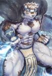  1boy abs ainu animal_ears bara bare_pectorals breath bulge chest_hair dagger feet_out_of_frame furry furry_male gakuran grey_fur grey_hair headband highres holding holding_dagger holding_weapon horkeu_kamui_(tokyo_houkago_summoners) jacket jacket_on_shoulders knife large_pectorals male_focus muscular muscular_male nipples pectorals pelvic_curtain school_uniform short_hair silver_hair smirk snowing solo stomach tail thick_thighs thighs tokyo_houkago_summoners two-tone_fur weapon white_fur wind wolf_boy wolf_ears wolf_tail yellow_eyes yukihoshi 