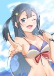  1girl bangs bikini black_hair breasts check_commentary cleavage cloud cloudy_sky commentary_request corocoro567 eyebrows_visible_through_hair grey_eyes hair_ornament highres holding holding_microphone long_hair looking_at_viewer love_live! love_live!_nijigasaki_high_school_idol_club medium_breasts microphone ocean one_eye_closed one_side_up pointing sidelocks sky smile solo swimsuit upper_body yuuki_setsuna_(love_live!) 
