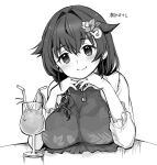  1girl breast_rest breasts commentary_request drink flower frilled_jacket glass greyscale hair_flaps hair_flower hair_ornament jacket jewelry jingei_(kancolle) kantai_collection kirisawa_juuzou large_breasts long_hair monochrome ring smile solo wedding_band white_jacket 