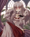  1girl alternate_costume bangs black_gloves closed_mouth dress eine_(eine_dx) eyebrows_visible_through_hair fire_emblem fire_emblem:_three_houses fur-trimmed_jacket fur_collar fur_trim gloves hand_on_own_chest highres jacket long_hair long_sleeves looking_at_viewer lysithea_von_ordelia pink_eyes sitting smile solo white_hair 