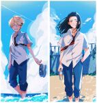  2boys :d baji_keisuke bangs black_hair blonde_hair blue_pants border bottle brown_eyes closed_mouth collared_shirt earrings feet_out_of_frame hair_between_eyes hand_in_pocket hara_pan-kun highres holding holding_bottle holding_shoes jewelry long_hair looking_at_viewer male_focus matsuno_chifuyu multiple_boys necktie ocean open_mouth outdoors pants pants_rolled_up red_neckwear school_uniform shirt shoes short_hair short_sleeves single_earring sky smile standing tokyo_revengers white_border white_shirt 