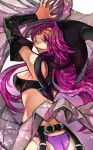  1girl ass bangs bare_shoulders belt breasts commentary_request detached_sleeves facial_mark forehead_mark from_behind hat hinoki_robu29 houshin_engi large_breasts long_hair looking_at_viewer looking_back panties purple_hair purple_panties shawl sideboob so_dakki solo underwear very_long_hair 