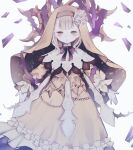  1girl bangs beads blonde_hair blunt_bangs blush briar_rose_(sinoalice) dim00 dress flower frilled_dress frills highres looking_at_viewer open_mouth outstretched_arms parted_lips plant ribbon rose short_hair simple_background sinoalice thorns veil vines white_background yellow_eyes 