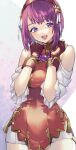 1girl asamiya_athena blush breasts chinese_clothes fingerless_gloves gloves hair_ornament hairband highres jewelry looking_at_viewer murata_tefu purple_eyes purple_hair red_hairband short_hair simple_background smile solo star_(symbol) star_hair_ornament the_king_of_fighters the_king_of_fighters_xv 