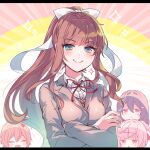  4girls aicedrop black_legwear blazer bow brown_hair closed_eyes doki_doki_literature_club doyagao green_eyes hair_bow hair_ornament jacket long_hair monika_(doki_doki_literature_club) multiple_girls natsuki_(doki_doki_literature_club) over-kneehighs pink_eyes pink_hair ponytail purple_eyes purple_hair sayori_(doki_doki_literature_club) school_uniform short_hair smug thighhighs twintails white_bow yuri_(doki_doki_literature_club) 