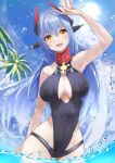  1girl absurdres alternate_costume android beach blue_hair breasts highres large_breasts long_hair poppi_(xenoblade) poppi_qtpi_(xenoblade) red_eyes risumi_(taka-fallcherryblossom) robot_ears solo swimsuit water xenoblade_chronicles_(series) xenoblade_chronicles_2 