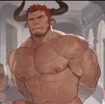  3boys abs agielba animal_ears arms_behind_back atcesolcyc bandages bara beard blush chest_hair closed_eyes completely_nude cow_boy cow_ears cow_horns draph facial_hair goatee granblue_fantasy horns large_pectorals long_sideburns male_focus mature_male multiple_boys muscular muscular_male navel nipples nude out-of-frame_censoring pectorals red_hair reward_available short_hair sideburns solo_focus stomach stubble sweat teeth veins 