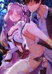  1boy 1girl backlighting bangs bare_shoulders black_hair black_jacket blush breasts breasts_outside clenched_teeth clothed_sex collarbone condom condom_on_penis dress dress_shirt euryale_(fate) fate/grand_order fate/hollow_ataraxia fate_(series) frilled_hairband frills fujimaru_ritsuka_(male) gloves grey_gloves hairband hetero highres jacket leg_lift long_hair looking_at_viewer lostroom_outfit_(fate) m-da_s-tarou nipples open_mouth panties parted_bangs penis purple_eyes purple_hair pussy sex shirt short_hair sidelocks slit_pupils small_breasts spread_legs standing standing_sex teeth testicles twintails underwear vaginal very_long_hair white_dress white_panties white_shirt 