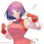  1girl asamiya_athena blush breasts chinese_clothes fingerless_gloves gloves hair_ornament hairband highres jewelry konnichiwa029 long_hair looking_at_viewer purple_eyes purple_hair red_hairband simple_background smile solo star_(symbol) star_hair_ornament the_king_of_fighters the_king_of_fighters_xv 