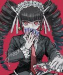  1girl bangs black_hair black_nails bonnet card celestia_ludenberg character_print covering_mouth danganronpa:_trigger_happy_havoc danganronpa_(series) drill_hair earrings frills gothic_lolita haji_(shame_3800) highres holding jacket jewelry joker_(card) lolita_fashion long_hair long_sleeves looking_at_viewer nail_polish necktie playing_card red_background red_eyes red_neckwear shirt simple_background smile solo twin_drills twintails upper_body white_shirt 